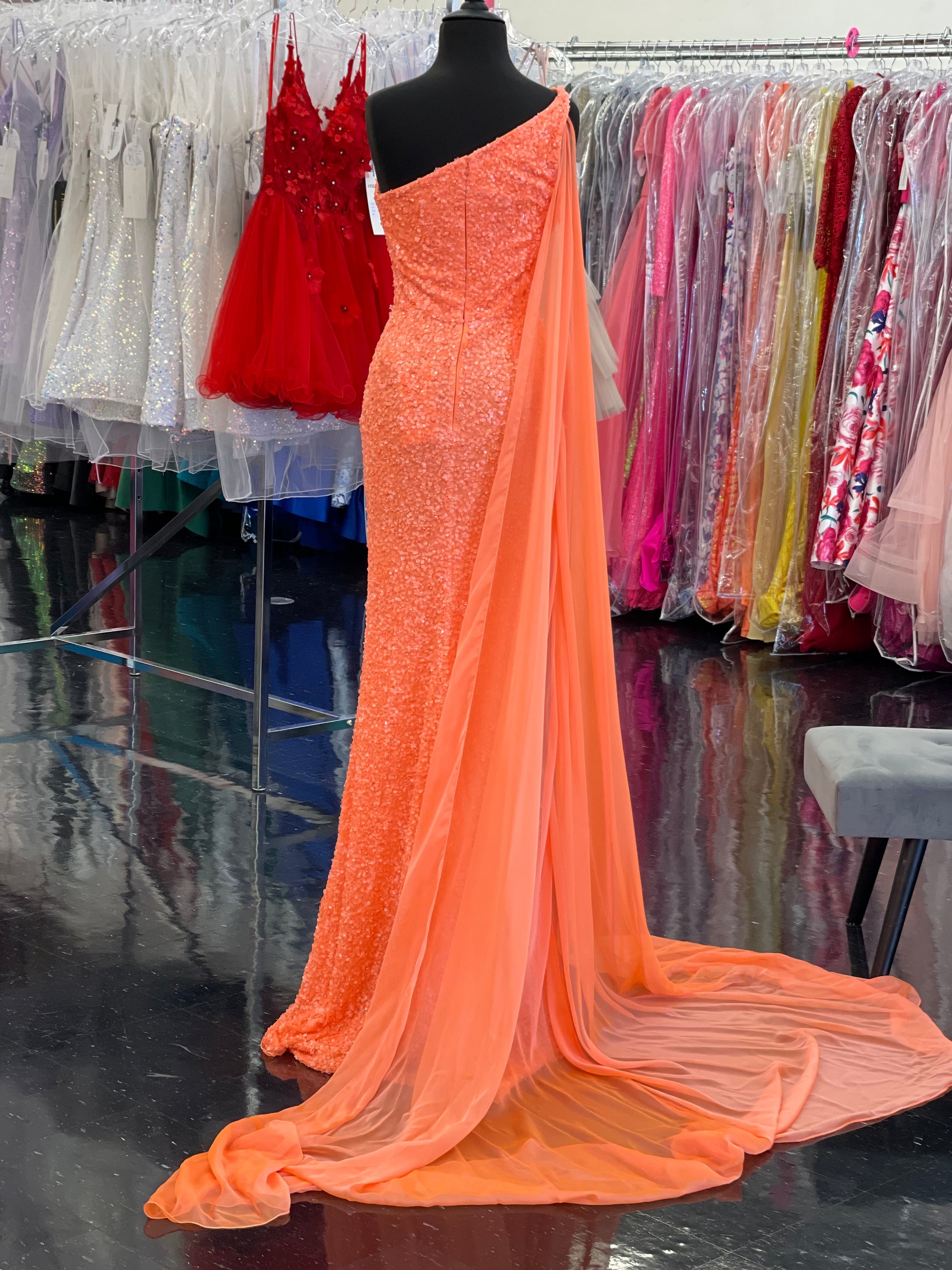 Ashley Lauren 11371 One Shoulder Prom Dress fully sequence with shoulder cape and slit.  Colors : Candy Pink, AB Turquoise, Coral, Emerald, Royal, Sky  Sizes: 0-24  One Shoulder Shoulder cape Slit Fully sequenced 