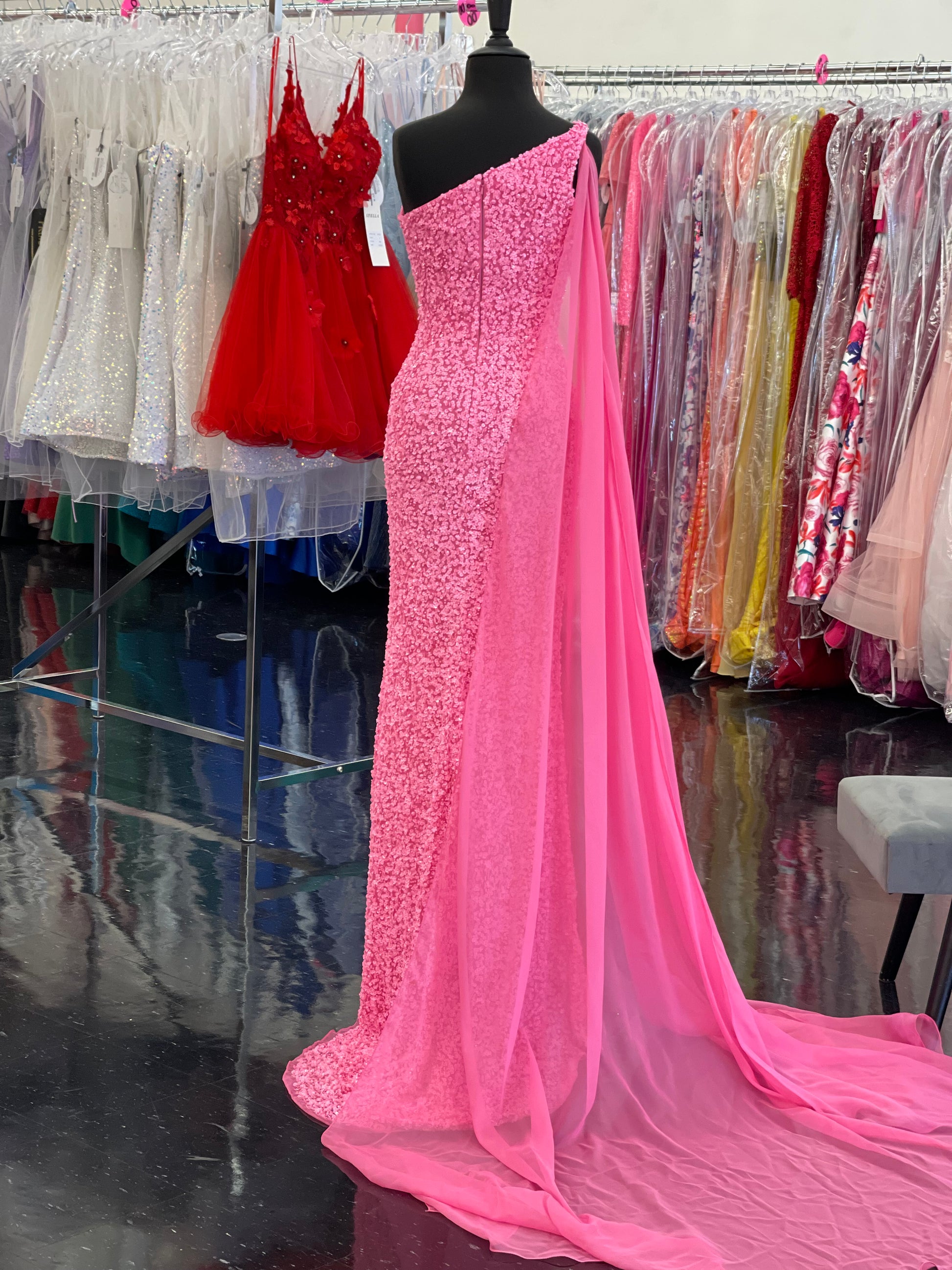 Ashley Lauren 11371 One Shoulder Prom Dress fully sequence with shoulder cape and slit.  Colors : Candy Pink, AB Turquoise, Coral, Emerald, Royal, Sky  Sizes: 0-24  One Shoulder Shoulder cape Slit Fully sequenced 