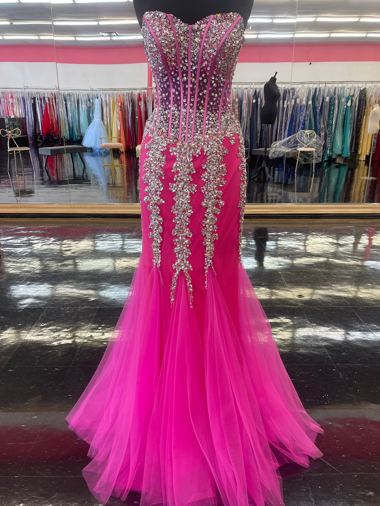 Jovani 5908 size 2 Hot Pink Silver Mermaid Prom Dress Pageant Gown Sheer Embellished