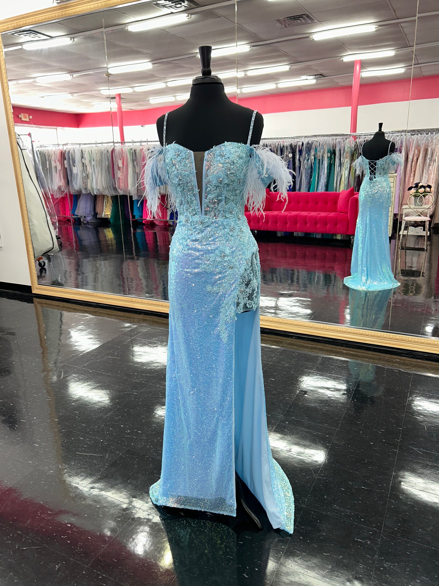 Lucci Lu 1282 Long Fitted Sequin Sheer Lace Feather off the Shoulder Prom Dress Formal Gown Corset Back  Sizes: 00-12  Colors: Light Blue, Light Green, Light Pink