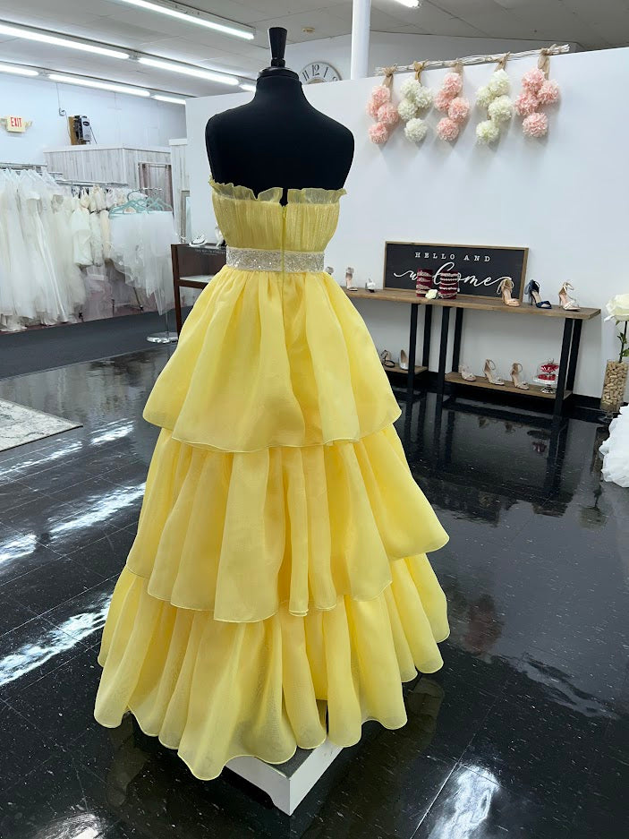 Marc Defang 8146 Size 6 Yellow Long Layered A Line Maxi Slit Strapless Prom Dress Formal Gown