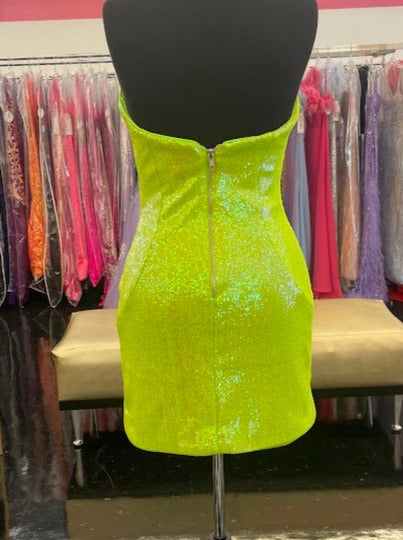 Ashley Lauren 4520 Neon Blue cocktail dress.  This little dress is Strapless and has petite sequin fabric with a v neckline and peaks.  It features a fitted skirt with exposed zipper back.  Neon Green size 4