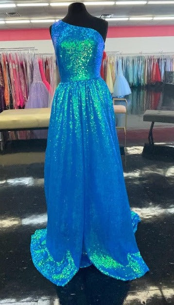 Marc Defang 8068 Size 6 Blue Sequin One Shoulder Ballgown Formal Dress Pageant Prom Gown Iridescent Sequin Triple straps Gown  Available Size: 6  Available Color: Blue