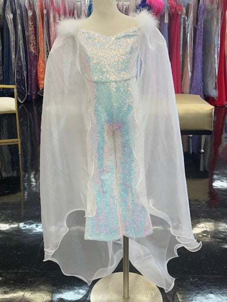 Marc Defang 8099K is a KIDS long pageant formal wear jumpsuit that is made of sequins and has off the shoulder straps.  The straps are attached to a cape with feathers at the shoulders.  Wow the crowd at your next pageant.  Available colors:  White  Available sizes:  4