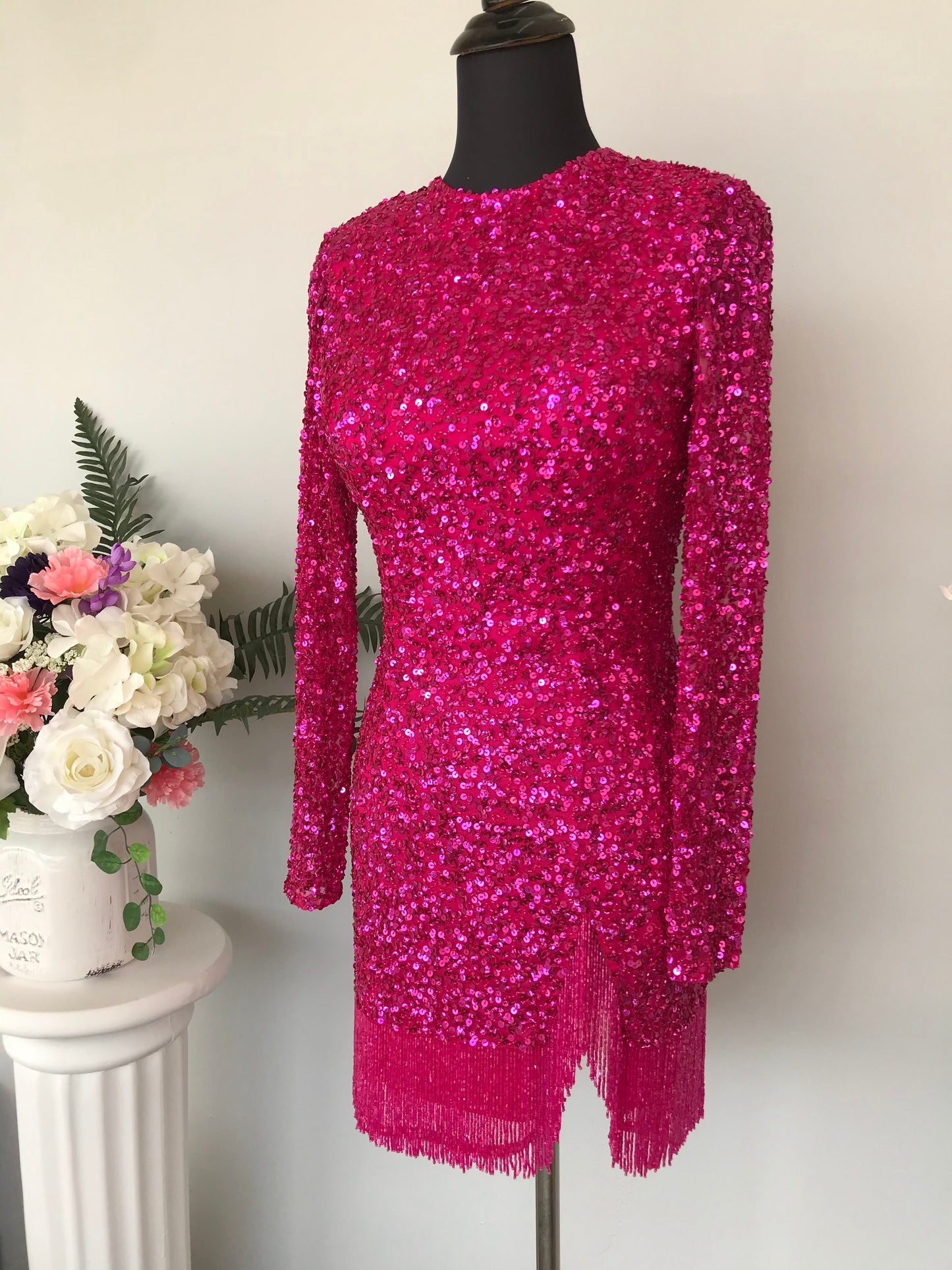 Ashley Lauren 4438 Fuchsia Size 2, 10 Cocktail Dress Long Sleeves Fringe trim on hem and slit