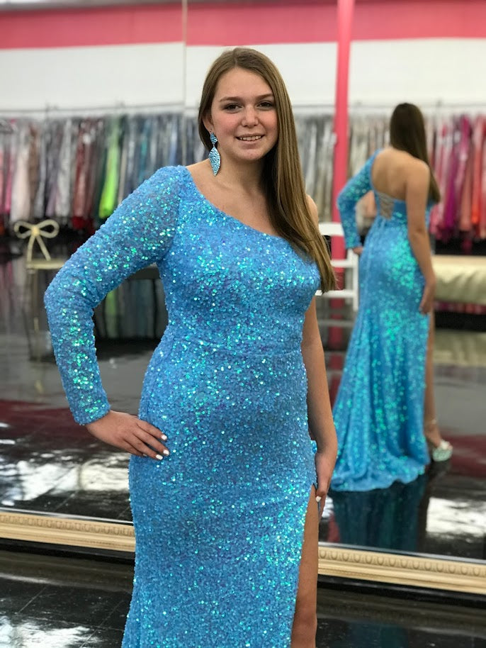 Amarra 87262 Long Fitted Sequin One Shoulder Long Sleeve Prom Dress Slit corset back  Available Sizes: 6  Available Colors: Neon Blue