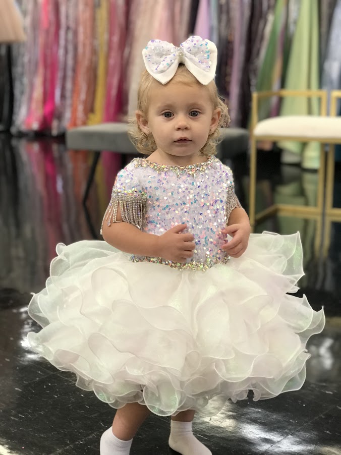 Sugar Kayne C203 Short Girls Cupcake Velvet Sequin Pageant Dress Crystal Fringe Tassel Cap Sleeve corset back  Sizes: 0M, 6M, 12M, 18M, 24M, 2T, 3T, 4T, 5T, 6T  Colors: Cotton Candy, Powder Blue, Unicorn