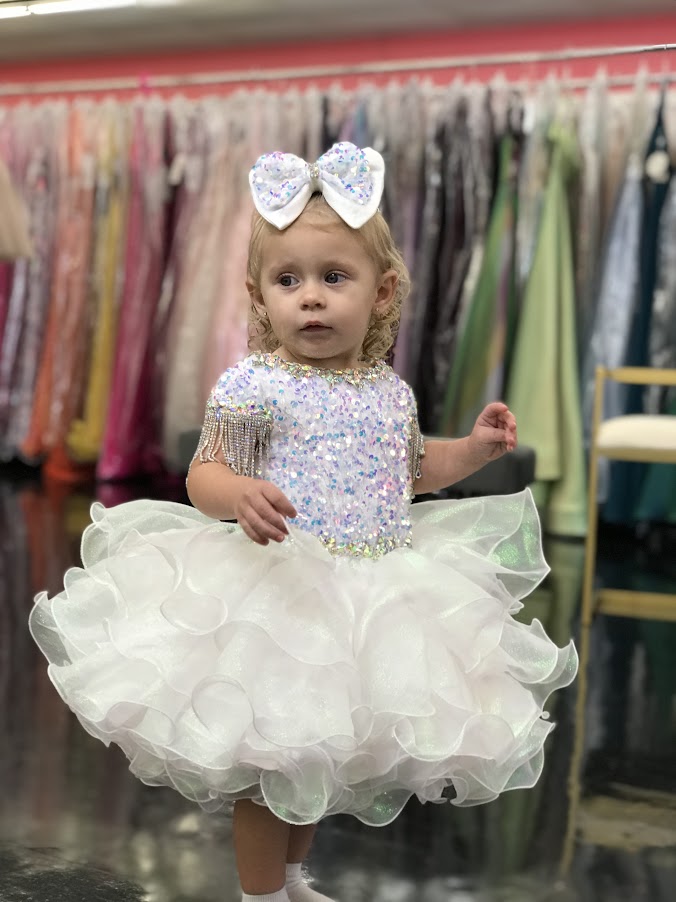 Sugar Kayne C203 Short Girls Cupcake Velvet Sequin Pageant Dress Crystal Fringe Tassel Cap Sleeve corset back  Sizes: 0M, 6M, 12M, 18M, 24M, 2T, 3T, 4T, 5T, 6T  Colors: Cotton Candy, Powder Blue, Unicorn