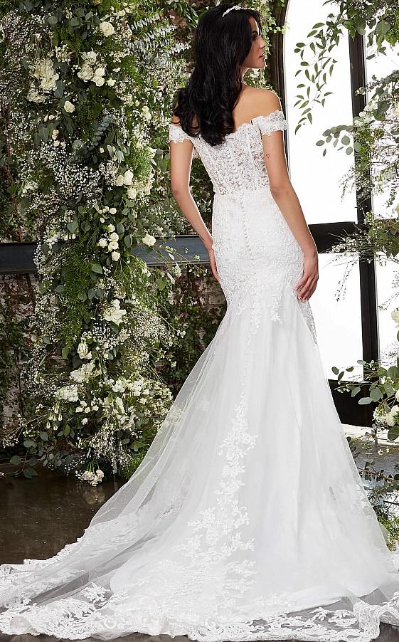 Jovani Bridal JB07161 Lace Sheer Corset off the shoulder Wedding Dress Fit & Flare Gown sweetheart neckline with scalloped lace trim and sweeping train.  Available Sizes: 4  Available Colors: Ivory