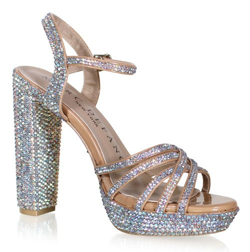 Marc Defang JENNA AB CRYSTALS 5" Platform Pageant Heel Prom Shoes   DESCRIPTION 5" heels, 1 1/4" platforms AB Crystals over Nude Patent Leather. Strappy New block heels design Light weight, designed for better runway performance Medium Width, Run True to size  Available Sizes: 5, 5.5, 6, 6.5, 7, 7.5, 8, 8.5, 9, 9.5, 10, 11