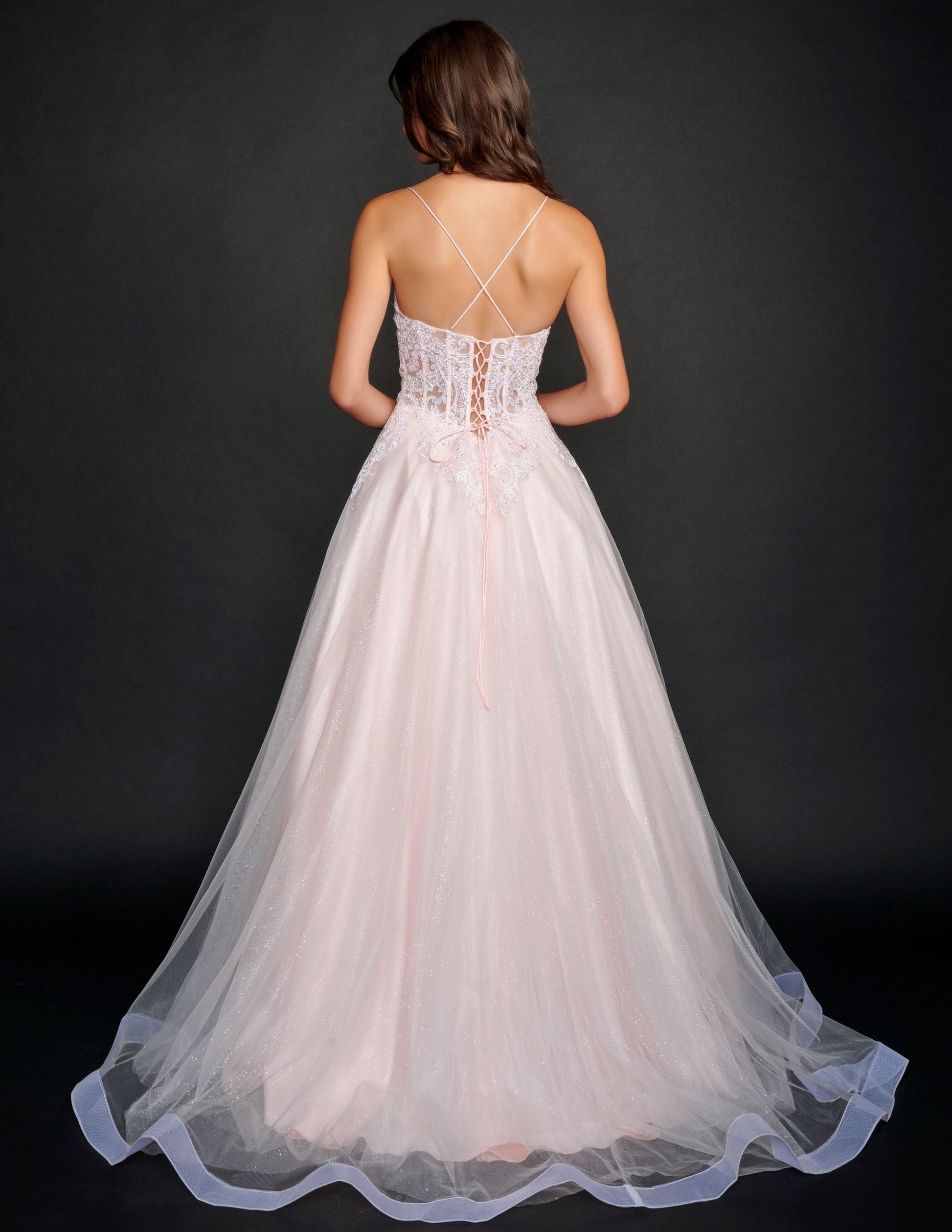 Nina Canacci 3203 Long shimmering lace Ballgown Prom Dress Pageant Gown Sheer shimmer embellished lace back with corset. Glitter tulle ballgown skirt  Available Size- 2, 8, 10, 14  Available Color- Light Pink