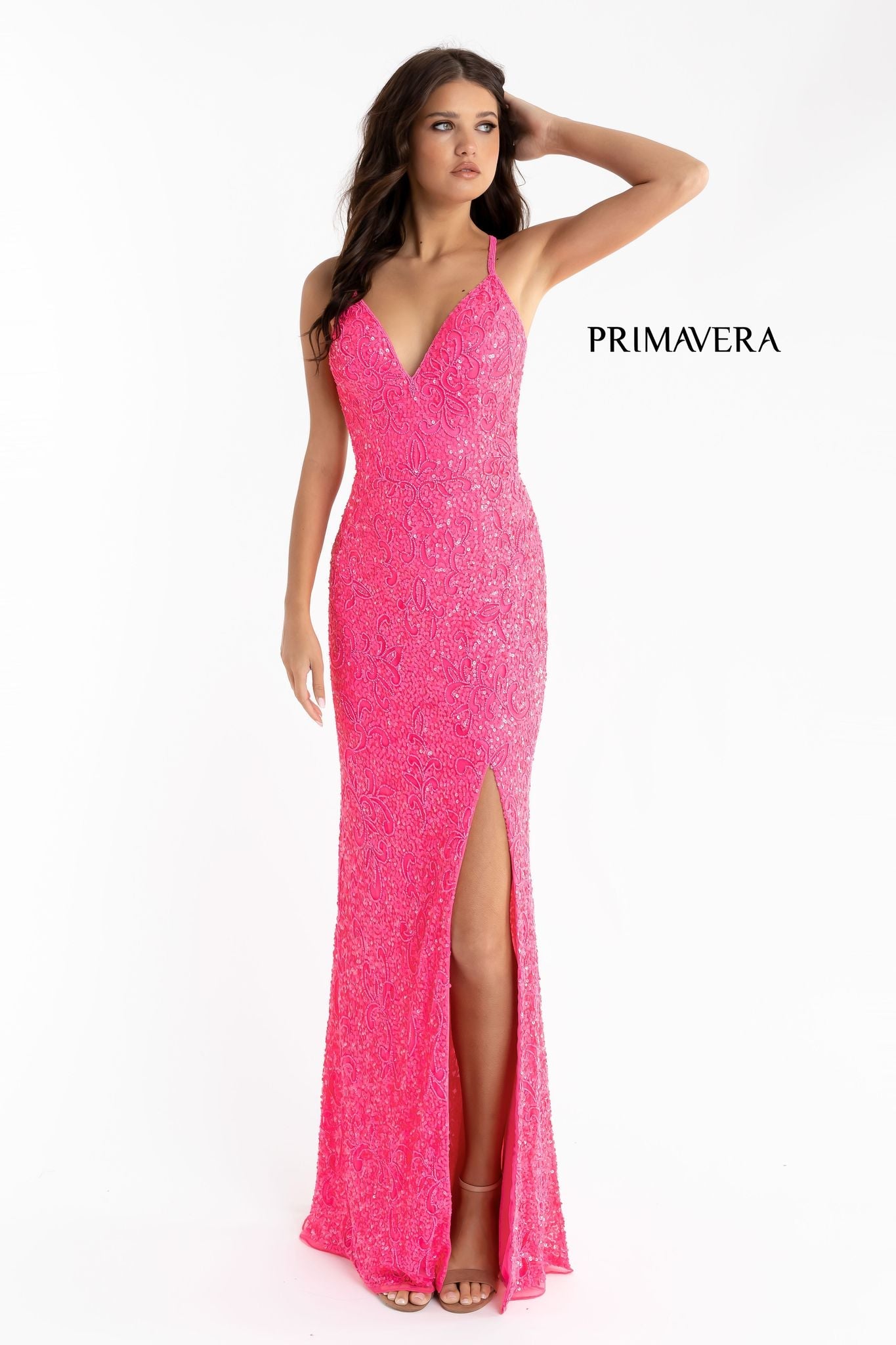 Primavera Couture 3295 Size 2, 6, 8 Emerald Prom Dress V Neckline Sequins Backless Slit Formal Evening Gown