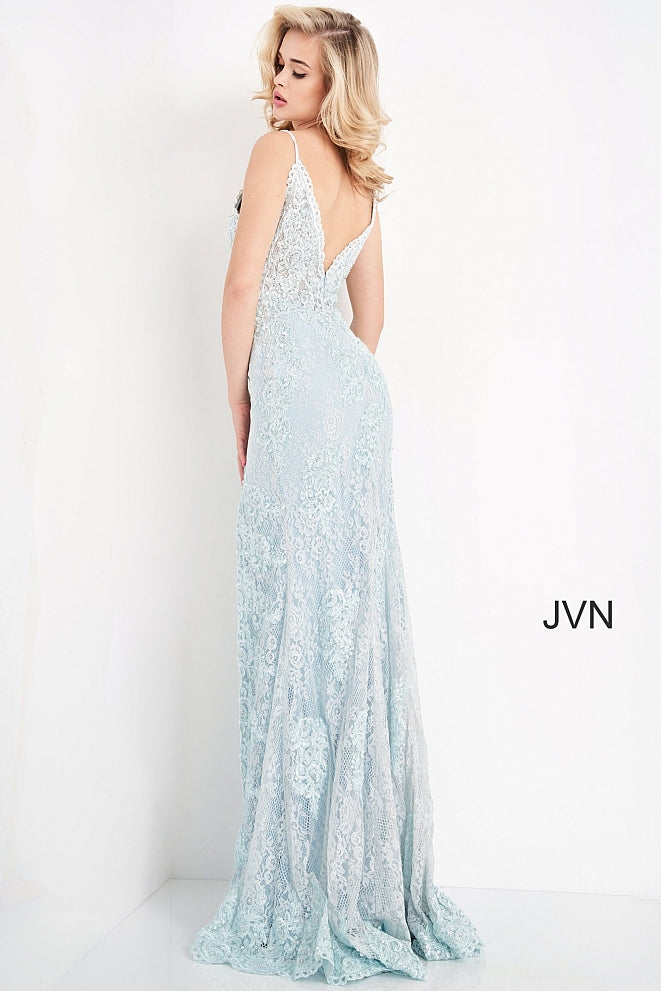 Jovani JVN00864 is an absolute stunner! Long Fitted Prom Dress or Unique Sexy Wedding Dress. Delicately Embellished Lace with a Plunging neckline & High Slit with scallop lace edges. Spaghetti straps with a slightly sheer lace bodice. JVN 00864