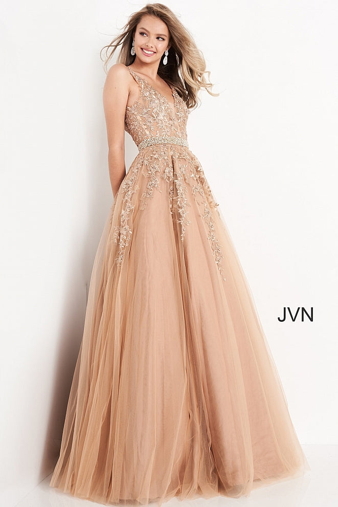 Jovani JVN00925 Size 4 Gold Embellished Lace Ball Gown Prom Dress Plunging neckline