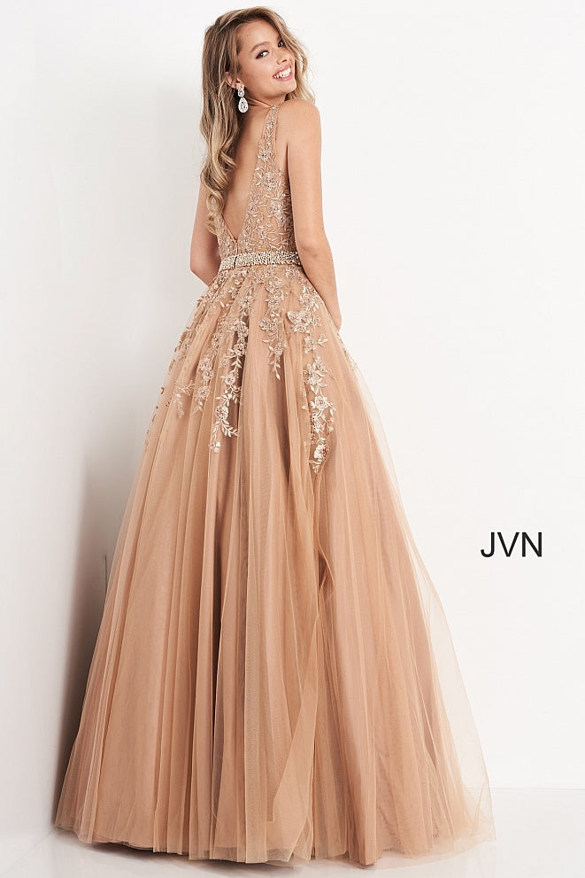 Jovani JVN00925 Size 4 Gold Embellished Lace Ball Gown Prom Dress Plunging neckline