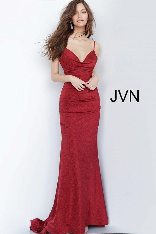 JVN by Jovani 00967 Burgundy Fitted Shimmer Long Prom Dress Ruched cowl neckline satin evening gown 