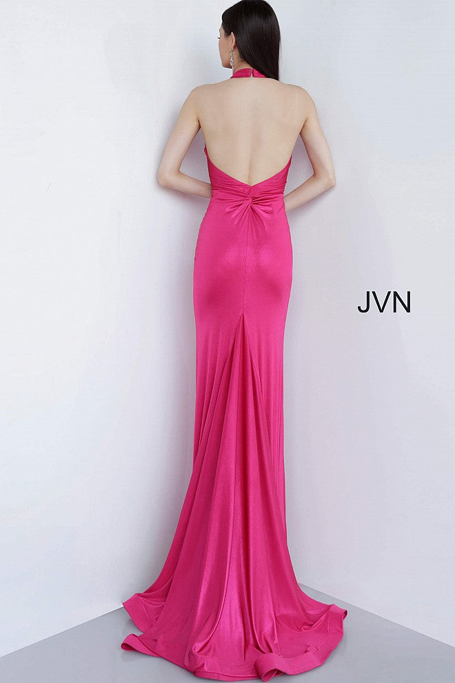 JVN02378 Fuchsia Stretch fabric, form fitting silhouette, floor length high waist skirt with sweeping train, sleeveless bodice with open back, halter plunging v neck, ruching at bust and low back