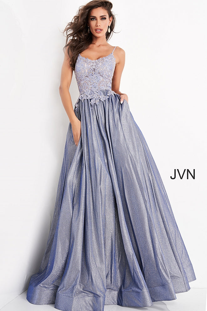 JVN03038 sheer embellished embroidered lace bodice scoop neckline with spaghetti straps, lace up corset open back shimmer iridescent long prom dress ball gown with pockets Colors:  Nude, Perri, Red  Sizes:  00, 2, 4, 6, 8, 10, 12, 14, 16, 18, 20, 22, 24