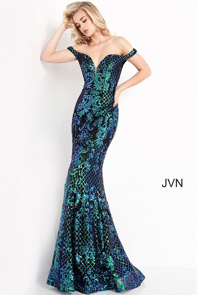 Jovani JVN04515 is an over the top 2021 Prom Formal Wear Style! This Glamorous Pageant Gown Features off the shoulder straps with a Plunging V Neckline. Fitted Mermaid Silhouette Cascades into a subtle lush trumpet skirt. Elaborate Multi Color Sequin Pattern form a damask print and add a Glamorous appeal. This gown is for those who want to be seen! Great for Plus Size! Great sexy wedding reception dress in ivory! JVN 04515