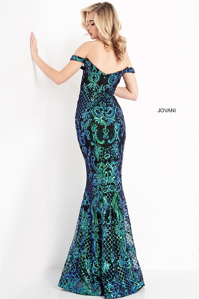 Jovani JVN04515 is an over the top 2021 Prom Formal Wear Style! This Glamorous Pageant Gown Features off the shoulder straps with a Plunging V Neckline. Fitted Mermaid Silhouette Cascades into a subtle lush trumpet skirt. Elaborate Multi Color Sequin Pattern form a damask print and add a Glamorous appeal. This gown is for those who want to be seen! Great for Plus Size! Great sexy wedding reception dress in ivory! JVN 04515