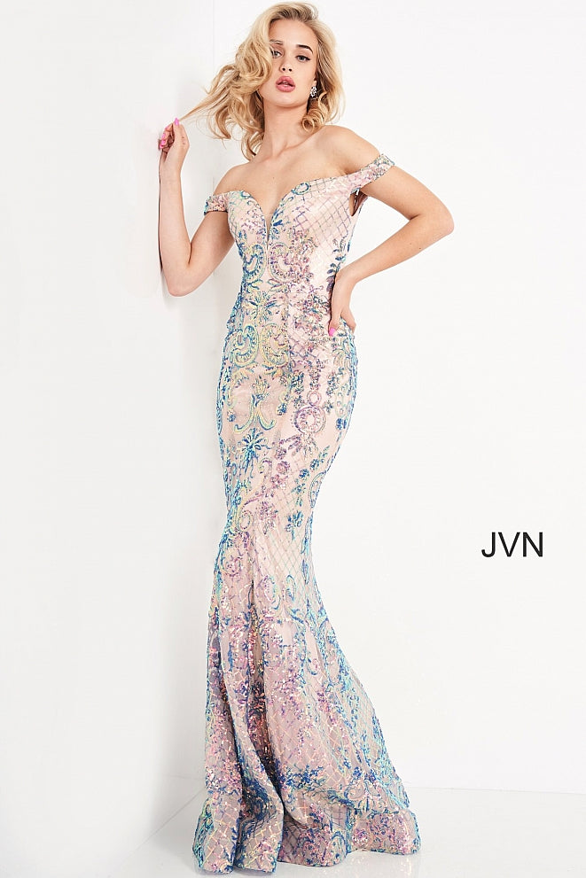 Jovani JVN04515 is an over the top 2021 Prom Formal Wear Style! This Glamorous Pageant Gown Features off the shoulder straps with a Plunging V Neckline. Fitted Mermaid Silhouette Cascades into a subtle lush trumpet skirt. Elaborate Multi Color Sequin Pattern form a damask print and add a Glamorous appeal. This gown is for those who want to be seen! Great for Plus Size! Great sexy wedding reception dress in ivory! JVN 04515