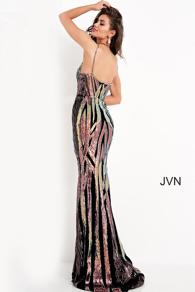 JVN04549 multi prom dress features a fitted silhouette in geometric sequins, with a notched V-neckline, semi-open back, and spaghetti straps. This form-fitting gown has a sweep train. Color Multi  Sizes 00, 0, 2, 4, 6, 8, 10, 12, 14, 16, 18, 20, 22, 24  JVN by Jovani 04549