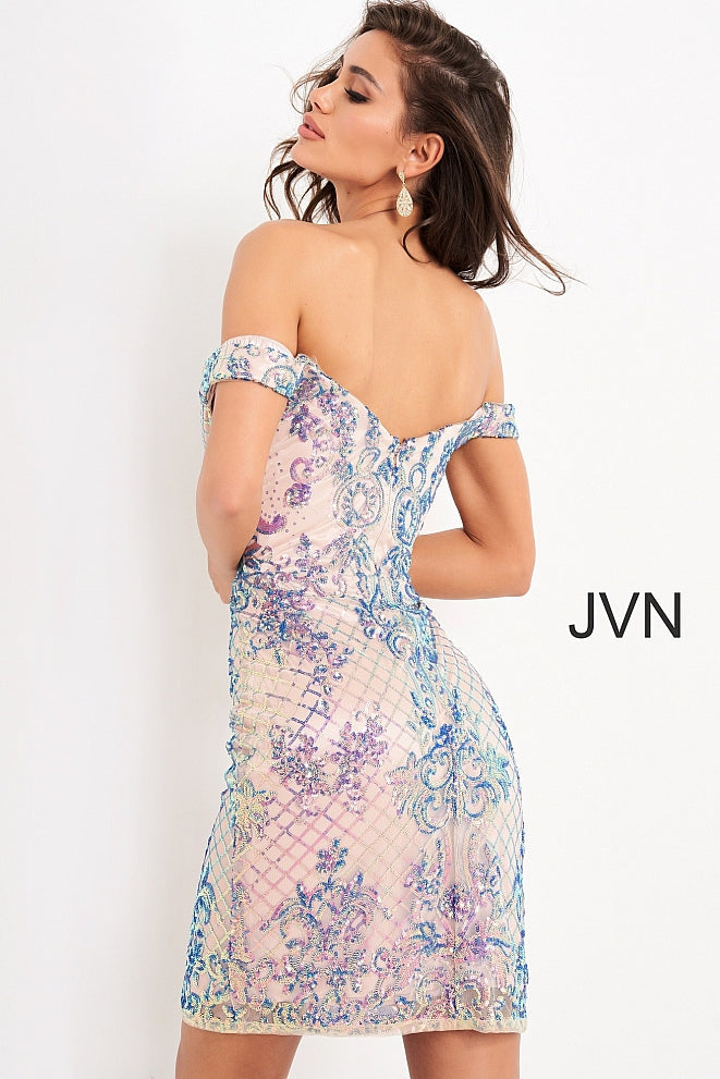 Jovani JVN05251 Size 10 Lilac Short Fitted Sequin off the shoulder Cocktail Dress