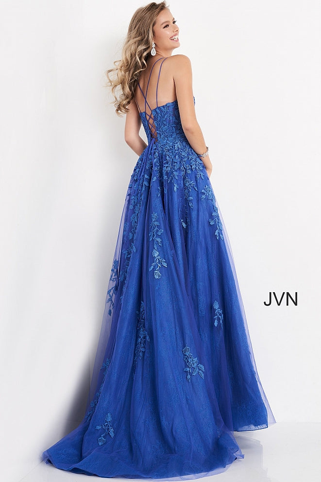 Jovani JVN06644 is a Long Lush Ballgown Prom Dress. This gown features a sheer fitted bodice with a scoop neckline and spaghetti straps. Floral lace appliques Embellish the top and cascade down into the full a line skirt. Open corset lace up tie back with a sweeping train. JVN 06644 Available Sizes: 00,0,2,4,6,8,10,12,14,16,18,20,22,24  Available Colors: Cobalt/Blue, Lilac/White