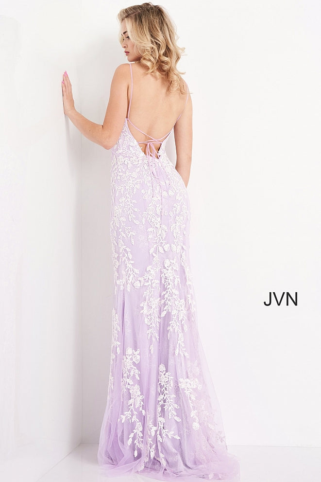 Jovani JVN06660 - JVN 06660 is a long fitted Lace formal evening gown. This Backless prom dress with a lace up corset back closure features floral lace appliques embellished with crystal rhinestones over a lace layer. Fit & Flare Silhouette with a lush sweeping train and a wide thigh slit. Available Sizes: 00,0,2,4,6,8,10,12,14,16,18,20,22,24  Available Colors: Cobalt/Blue, Lilac/White