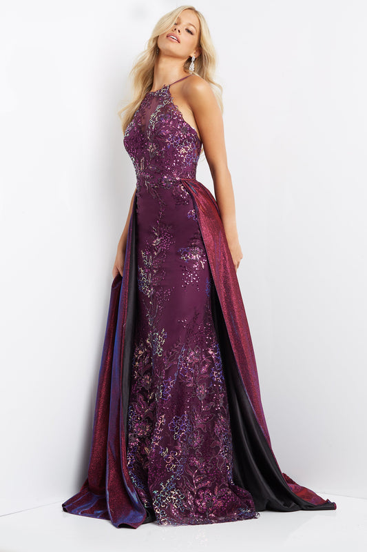 Jovani JVN07379 Long fitted Prom Pageant Gown Overskirt Shimmer Sequin Lace Gown JVN07379 Straight Prom Pageant Gown  Available Size-00-24  Available Color- Periwinkle, Purple