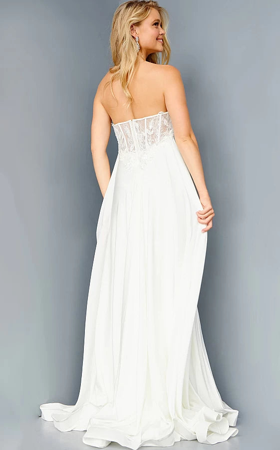 Jovani JVN07648A Long Flowy Prom Dress size 8 Ivory Pageant Gown strapless high slit ruching JVN 07648