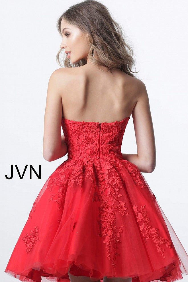 Jovani JVN1830 lace and tulle strapless straight neckline fit and flare short cocktail dress homecoming dress Jovani JVN 1830 Homecoming, Short Cocktail Dress, Formal Evening gown. Strapless Floral Lace embellished homecoming dress  Available Colors: Burgundy, Light Blue, Light Pink, Navy, Off White/Nude, Red  Available Sizes:  00-24