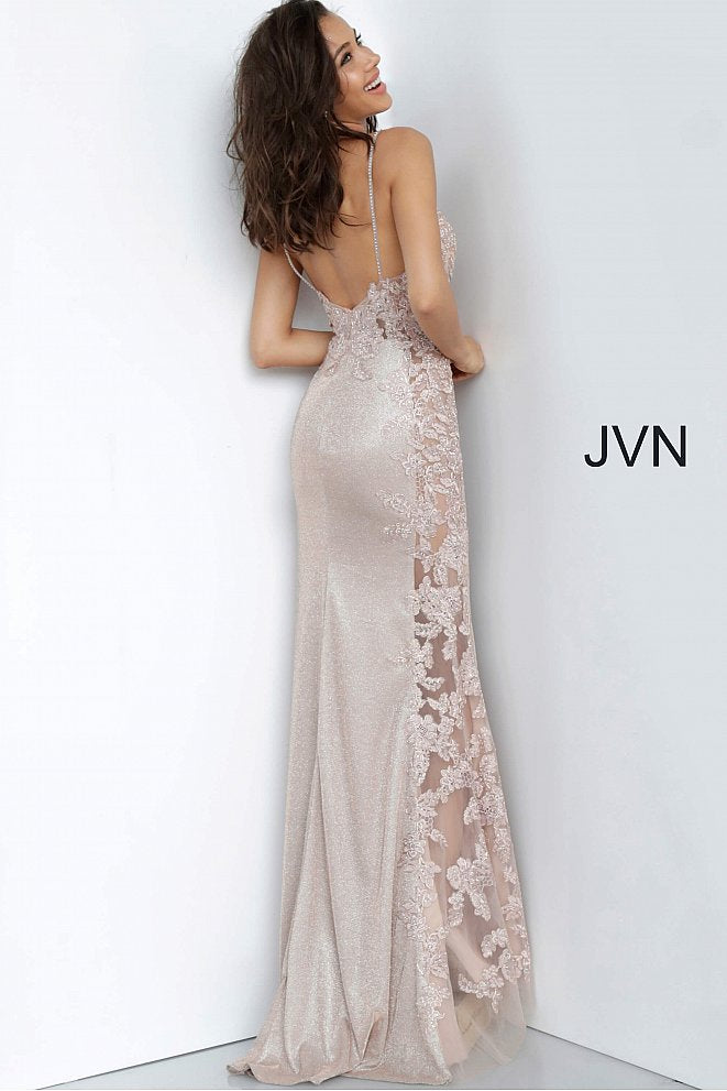 JVN 2205 Is a Beautiful Shimmery Prom Dress! Iridescent Shimmer Skirt is accented by a sheer Bodice with Lace & Crystal Embellishments. This Cascades down the side of the skirt. Absolutely breath taking in person!