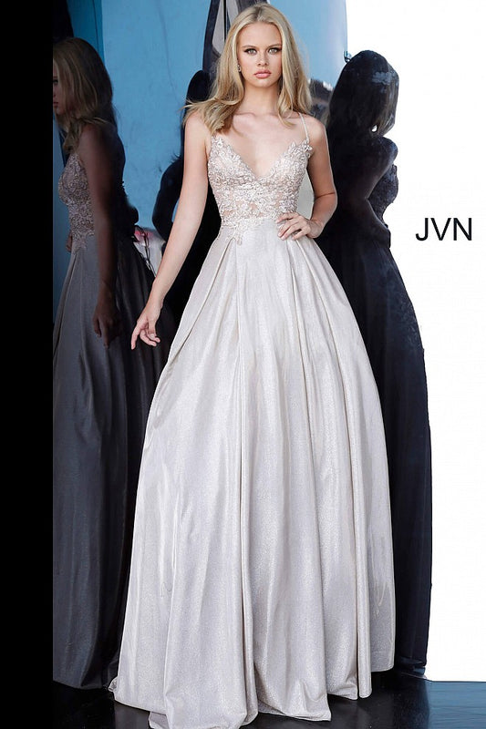 JVN by Jovani 2206  Nude Sheer Embellished Ballgown Prom Dress Shimmer Iridescent evening gown 