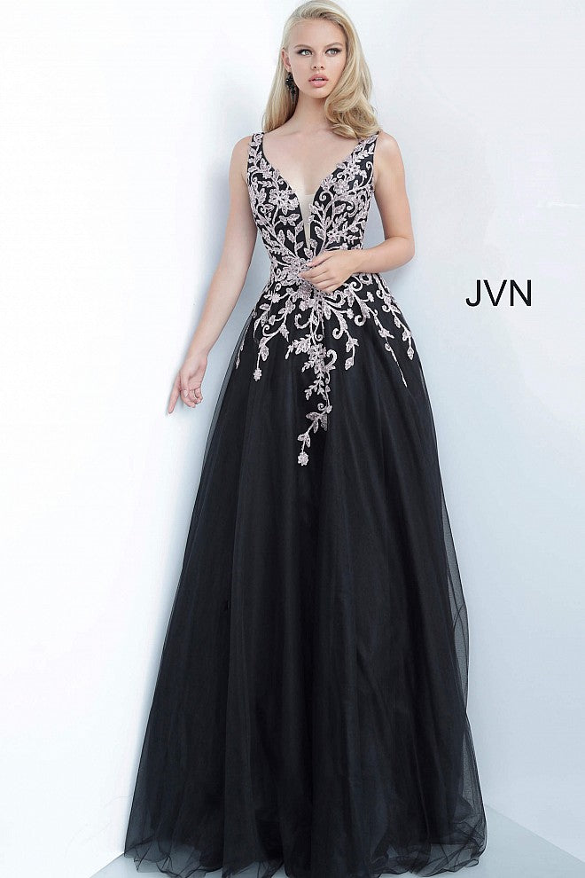 Jovani JVN2302 Size 8 Black/Rose Floral V neck A Line Ballgown Prom Dress Formal