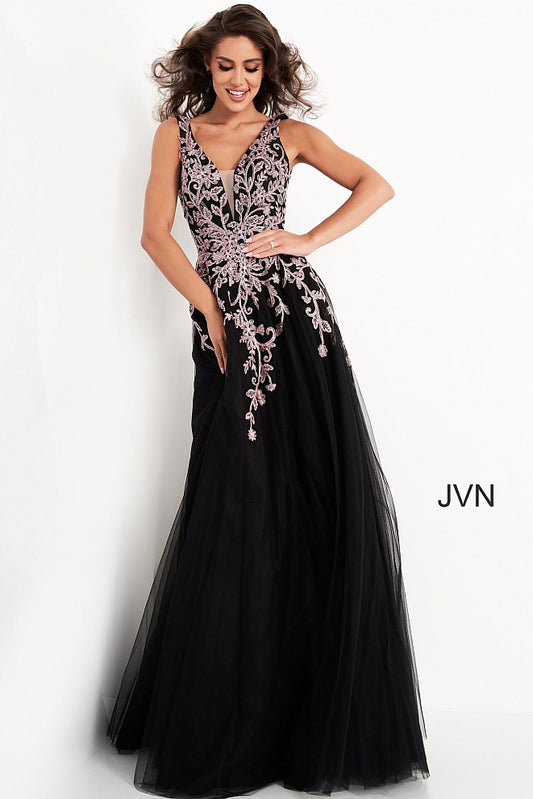 Jovani JVN2302 Size 8 Black/Rose Floral V neck A Line Ballgown Prom Dress Formal