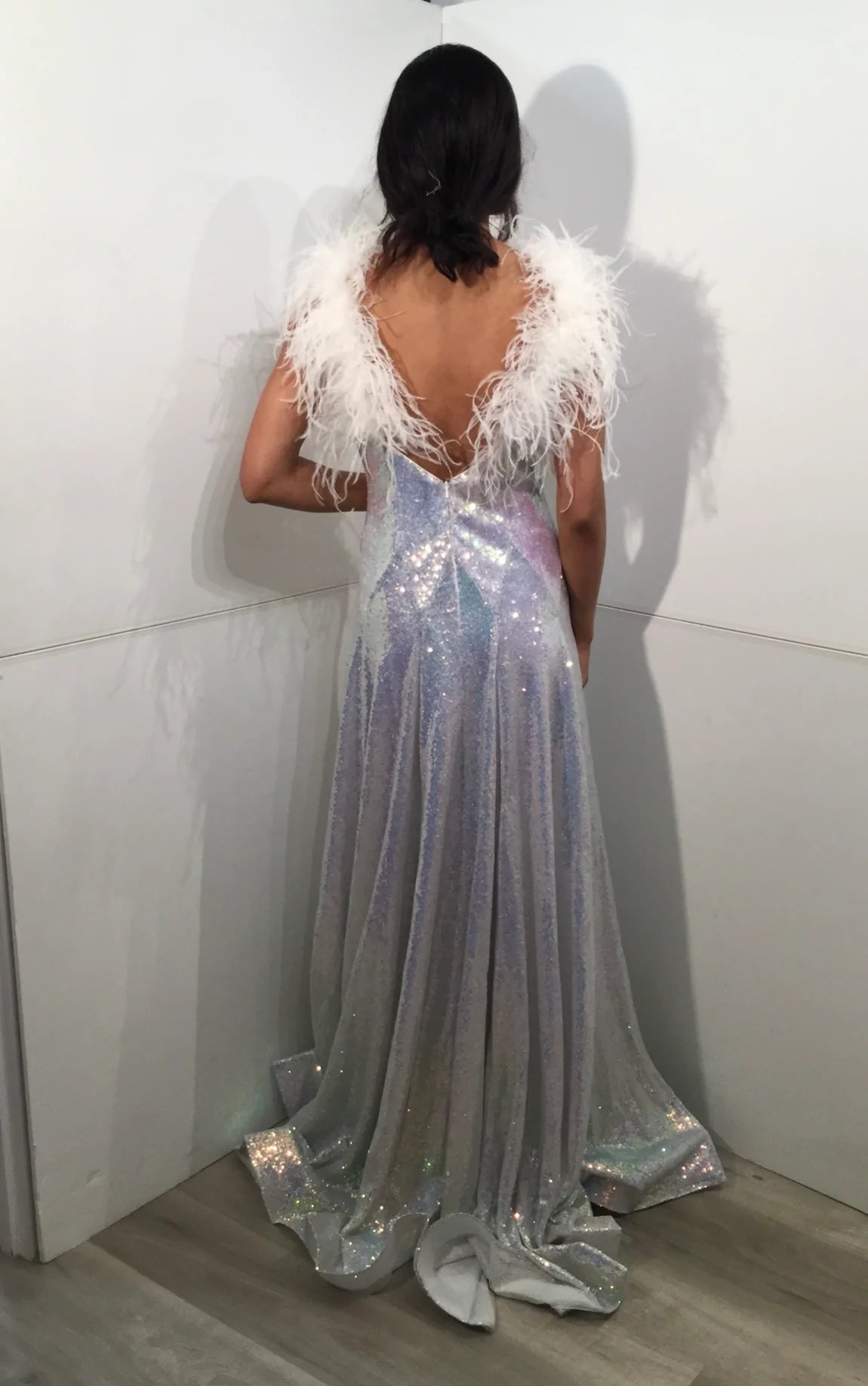 Jovani JVN24164 Iridescent Prom Dress Feather Straps and Feather Trimmed V Back A Line Sequins Horsehair Trim  Available sizes: 00-24  Available colors: Iridescent/White, Iridescent/Blue