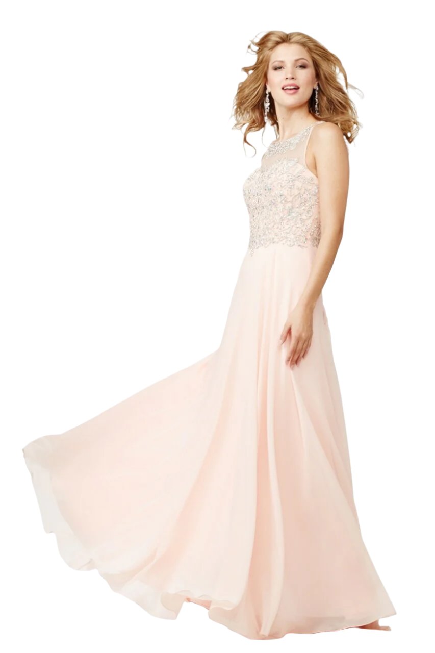 Jovani JVN27809 Peach size 10 A Line Sheer Embellished Formal Dress Backless