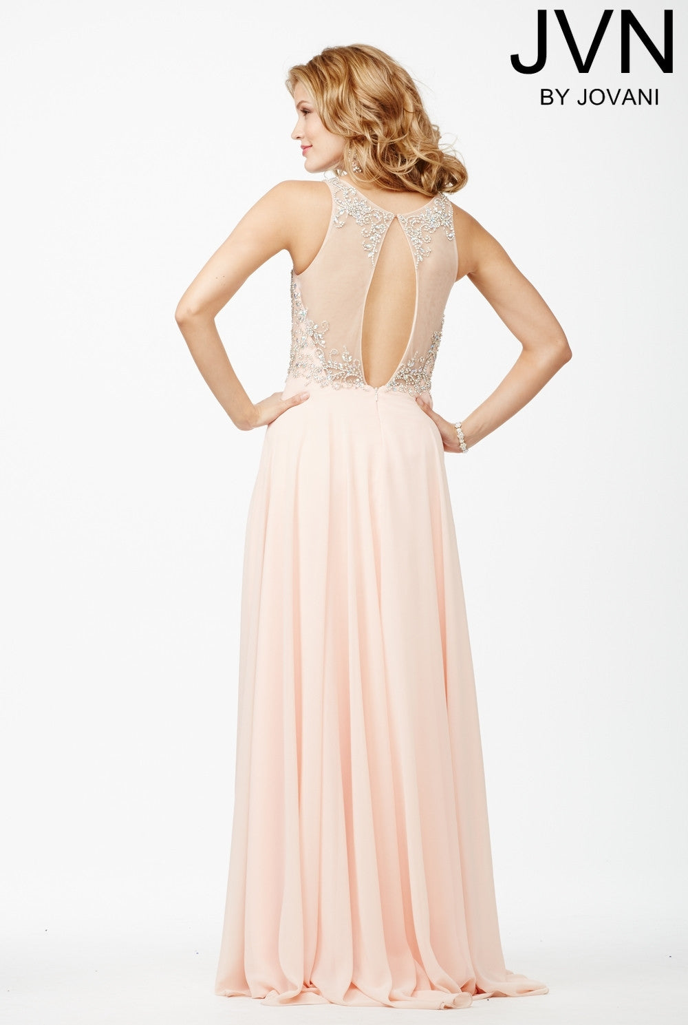 JVN27809 ﻿Beautiful sleeveless chiffon prom dress features a sheer crystal embellished neckline and open back with a long flowy skirt.   size 0 periwinkle