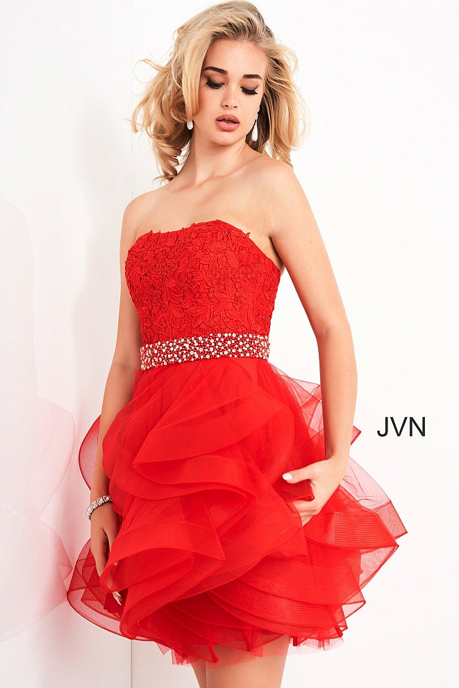 Jovani JVN3099 Short strapless straight neckline lace bodice with scallop lace edges. short tulle fit and flare cocktail dress with crystal embellished waist belt short homecoming dress reception dress. Ruffle skirt with horse hair trim. Formal Gown for any event! JVN 3099  Available Colors: Black, Light Blue, Off white, Red  Available Sizes:  00,0,2,4,6,8,10,12,14,16,18,20,22,24