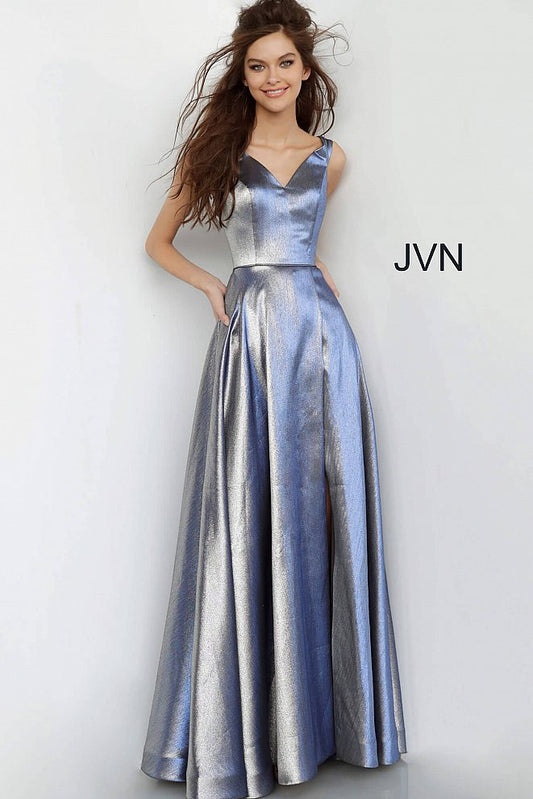 Jovani JVN 3777 is a 2020 Prom Dress, Pageant Gown & Formal Evening Wear. Metallic Shimmer Long Maxi Prom Dress. Off the Shoulder Straps with a V Neckline. High crossover slit all the way to the waist line. 