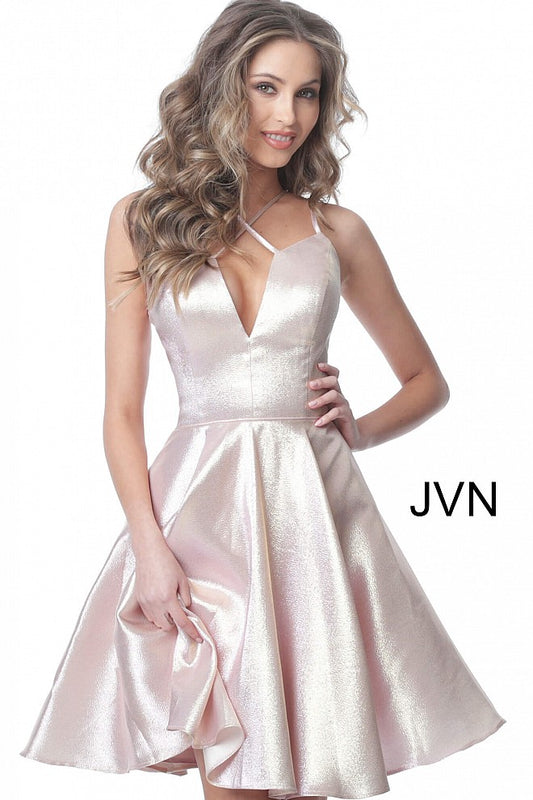 JVN3780 JVN by Jovani 3780 is a metallic shimmer Fit and Flare Short Prom Dress and  Homecoming Dress. criss cross strap neckline fit and flare cocktail dress