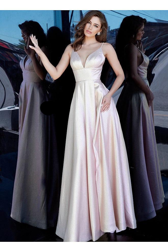 JVN3781 Blush Metallic prom dress, floor length A line skirt, empire waist sleeveless bodice, plunging neckline, embellished straps over shoulders, half back.