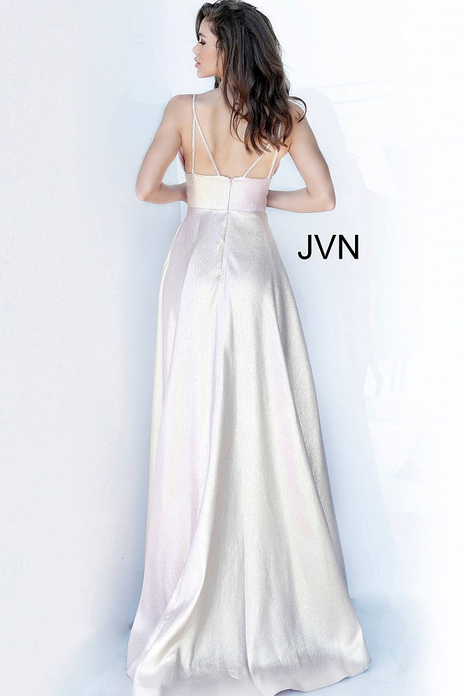 JVN3781 Blush Metallic prom dress, floor length A line skirt, empire waist sleeveless bodice, plunging neckline, embellished straps over shoulders, half back.