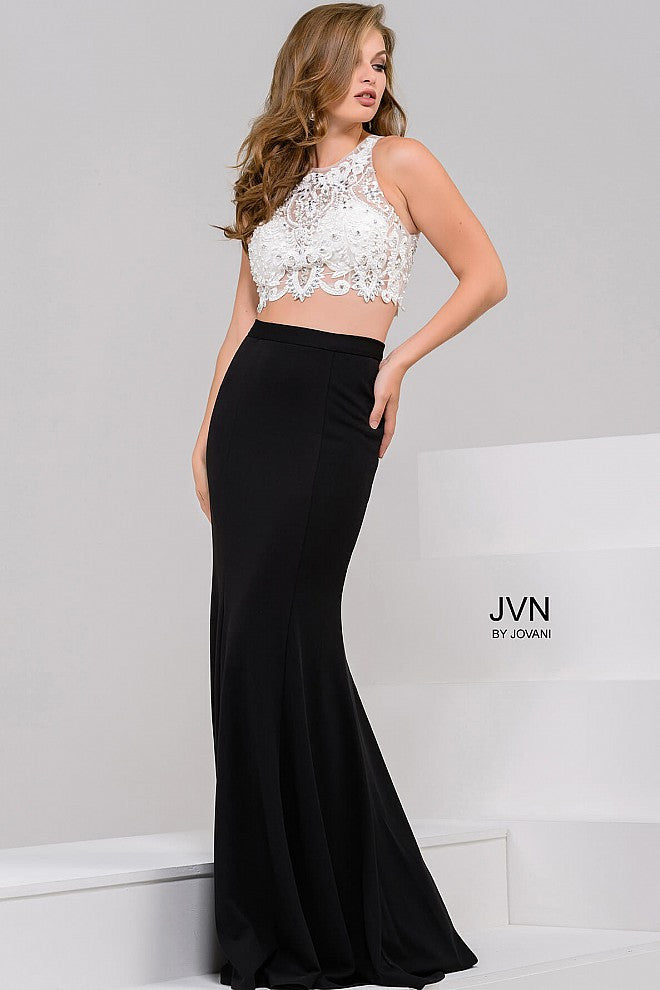 Jovani JVN48701 Size 0, 6 Black/White Two piece prom dress Lace High Neck Formal Gown