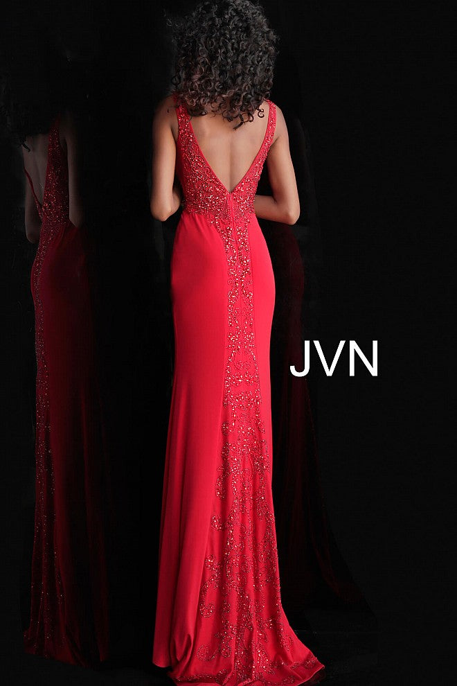 JVN58124 Stretch fabric, form fitting silhouette, floor length skirt with embellished waterfall back, sweeper train, sleeveless embellished bodice, plunging neckline with sheer mesh insert, V back.