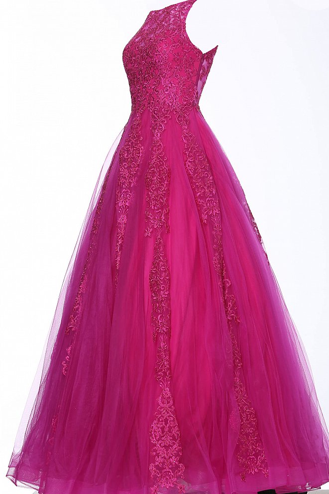 JVN59046 Fuchsia embellished lace applique prom dress with sheer high neckline sheer lace back and lace applique that stream down the length of the long prom dress evening gown 