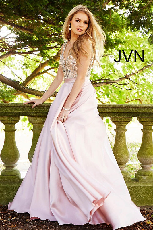 JVN60696 Blush embellished plunging neckline mikado a line prom dress ball gown evening gown pageant dress 