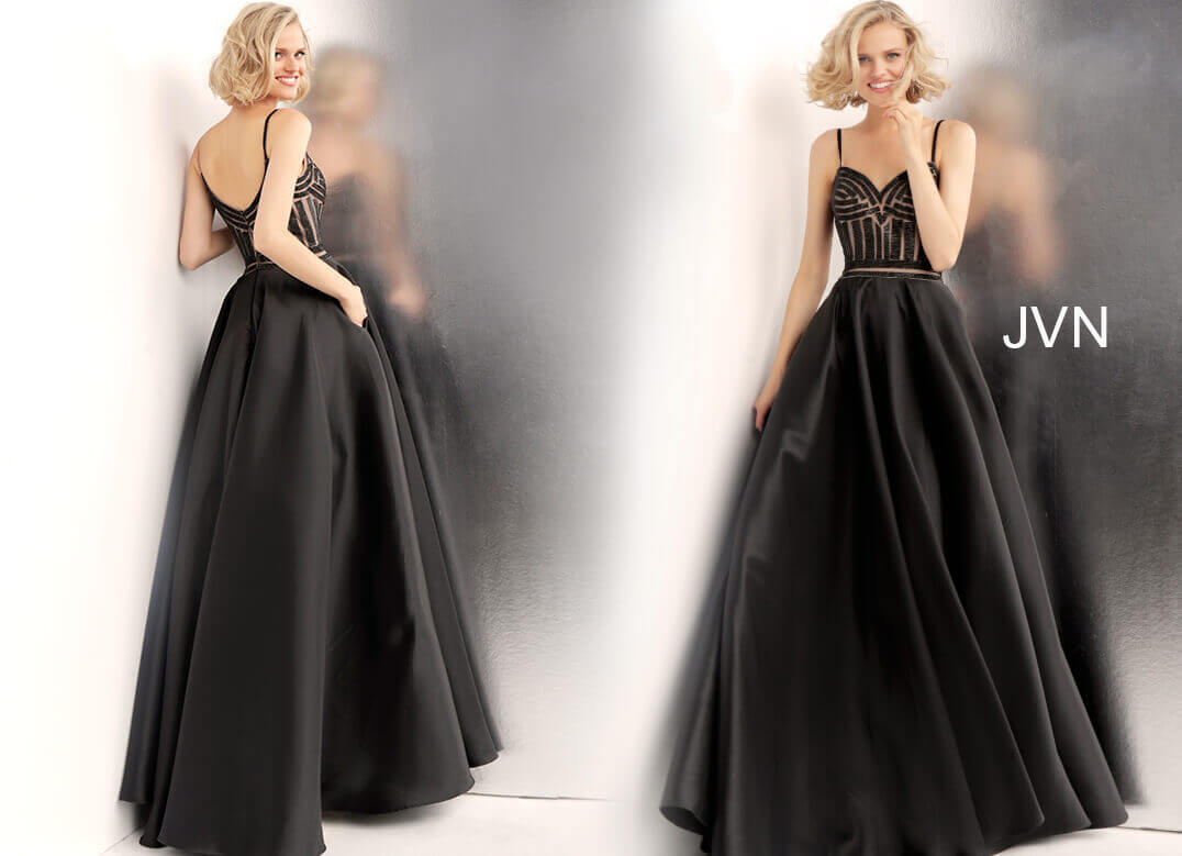 JVN62510  Black and nude beaded prom ballgown with embellished sleeveless fitted bodice, sweetheart neckline and spaghetti straps, floor length pleated a-line skirt with side pockets.