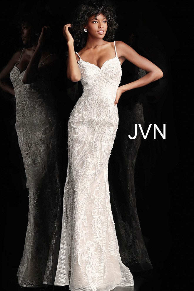 JVN65529 Ivory and nude embellished and embroidered prom dress with a v-neckline, spaghetti straps, sleeveless fitted bodice and straight back, floor-length fitted skirt with sheer overlay. Evening gown informal wedding dress. 